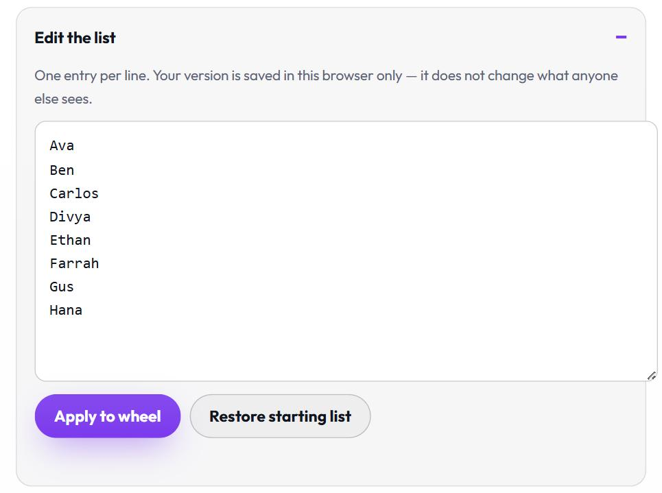 The Edit the list box open on the Team Picker Wheel, with eight names typed one per line and the Apply to wheel and Restore starting list buttons underneath.