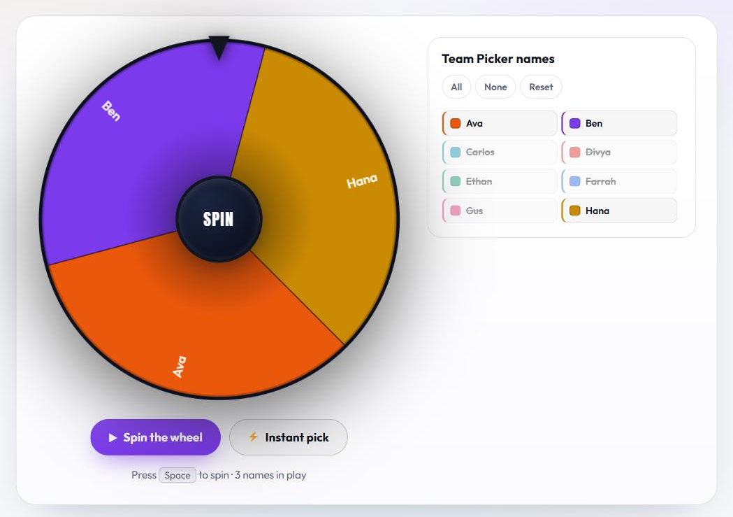 The Team Picker Wheel with Remove entry after it is picked switched on, part way through a run: five drawn names are faded out in the list, only three names are left on the wheel, and the hint reads 3 names in play.