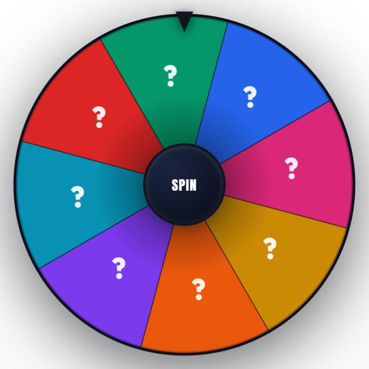 The Team Picker Wheel with Hide names on the wheel switched on: every colored segment shows a white question mark instead of a name, with the SPIN hub in the centre.