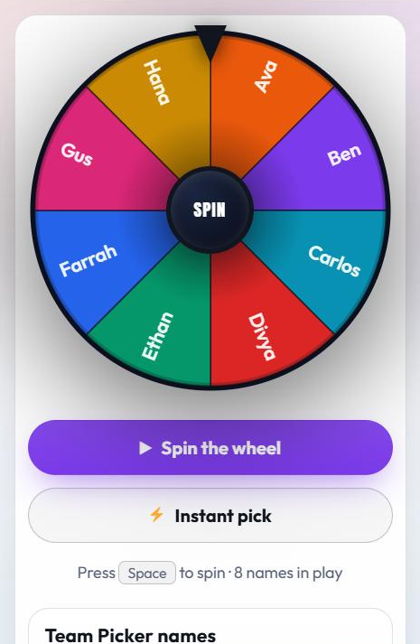 The Team Picker Wheel on a phone-width screen: the wheel sits on top, the Spin the wheel and Instant pick buttons run full width underneath, and the Team Picker names list starts below them.