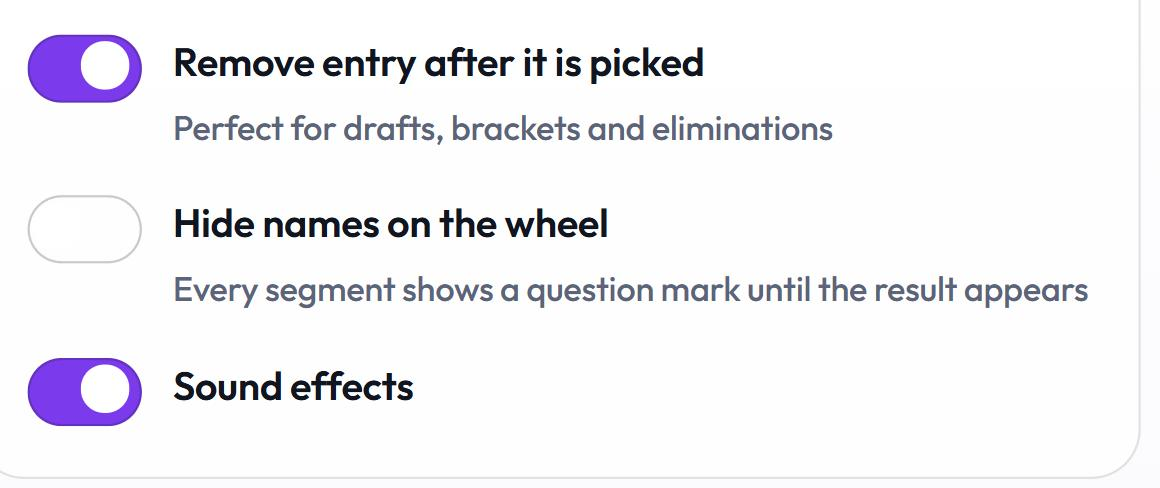 The three switches on the Team Picker Wheel: Remove entry after it is picked switched on, Hide names on the wheel switched off, and Sound effects switched on.