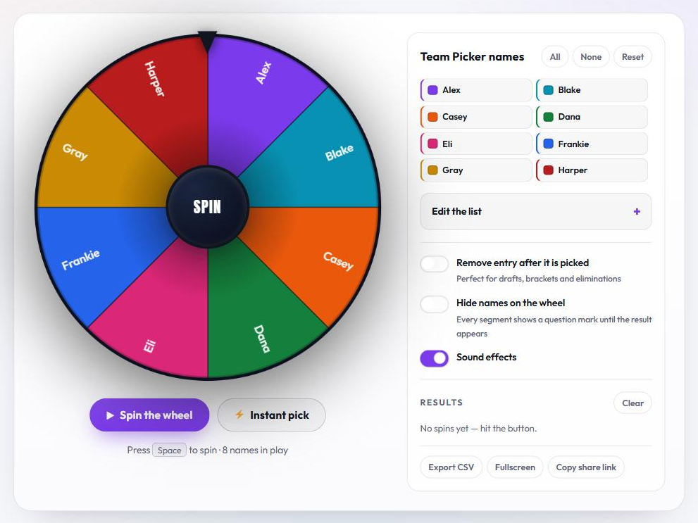The Team Picker Wheel with eight colored name segments, the Spin the wheel and Instant pick buttons, and the side panel holding the name list, the three toggles and the results area.