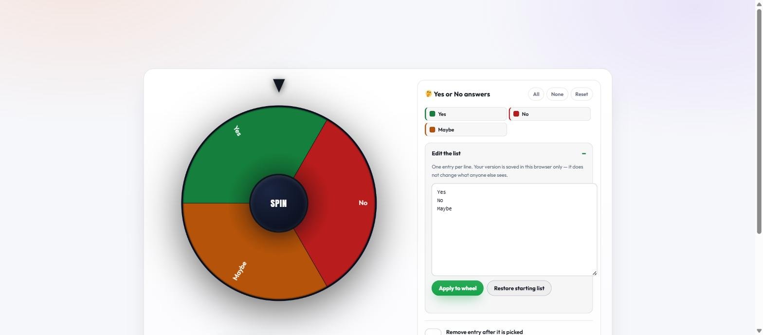 The Yes or No Wheel split into three segments coloured green for Yes, red for No and amber for Maybe, beside the open Edit the list panel showing the three answers typed one per line