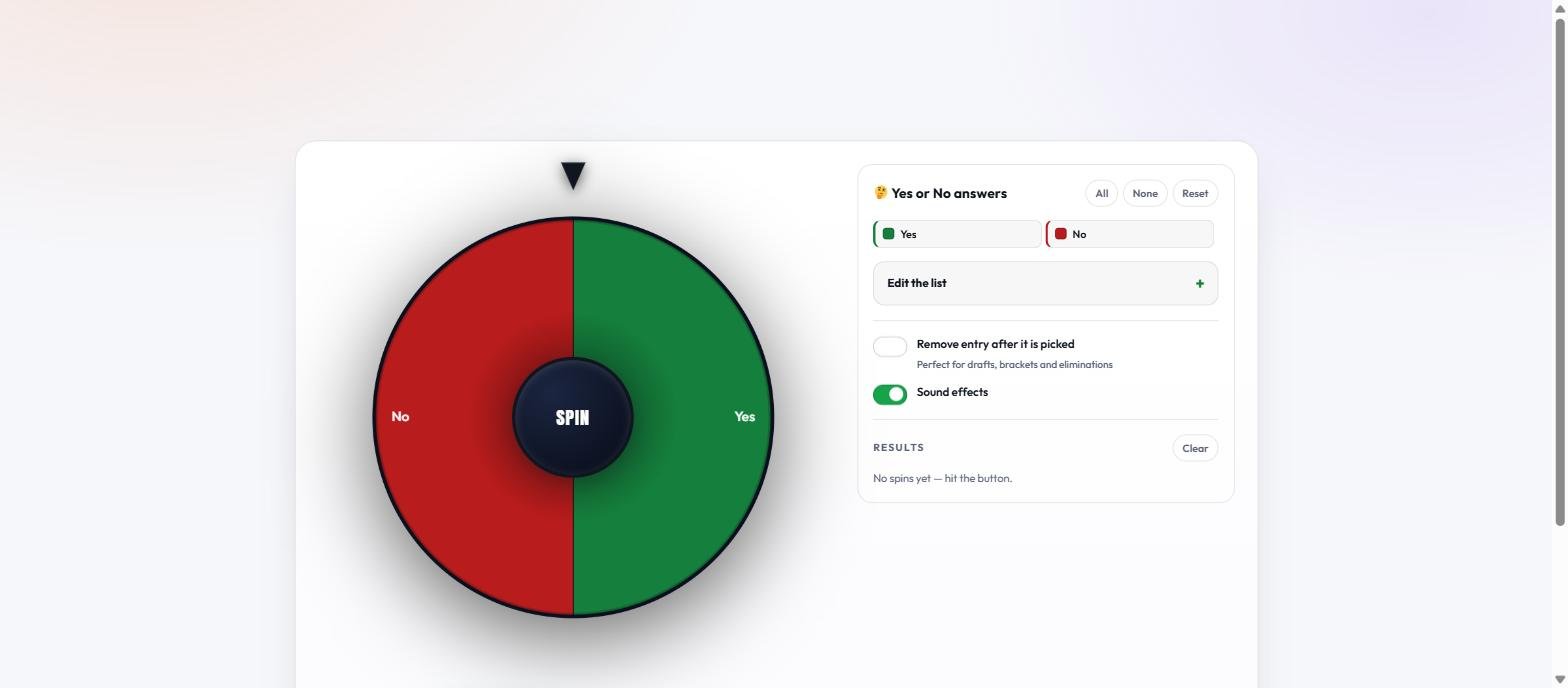 The Yes or No Wheel showing a red No half and a green Yes half, the SPIN hub in the centre, the answers panel with Edit the list, and the Spin the wheel and Instant pick buttons