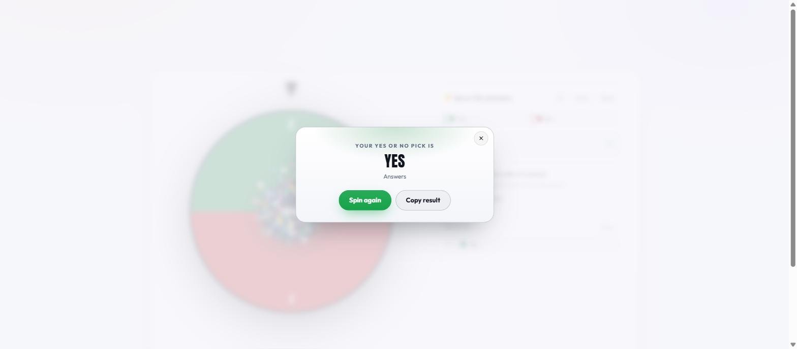 The Yes or No Wheel result card reading YES in large type, with Spin again and Copy result buttons and confetti falling over the wheel behind it