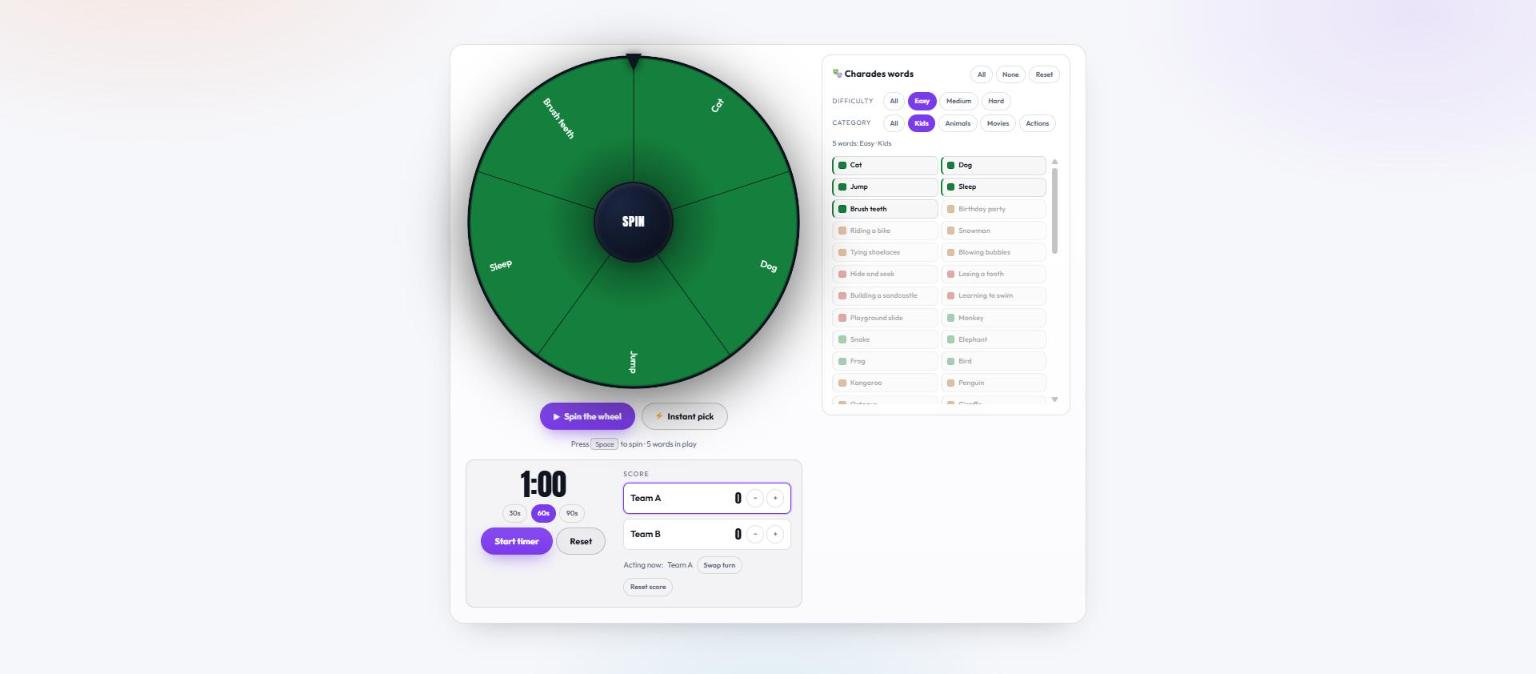 The charades generator filtered to Easy difficulty and the Kids category, leaving five words — Cat, Dog, Jump, Sleep and Brush teeth — on a five segment wheel, with the remaining fifty five words greyed out in the list beside it