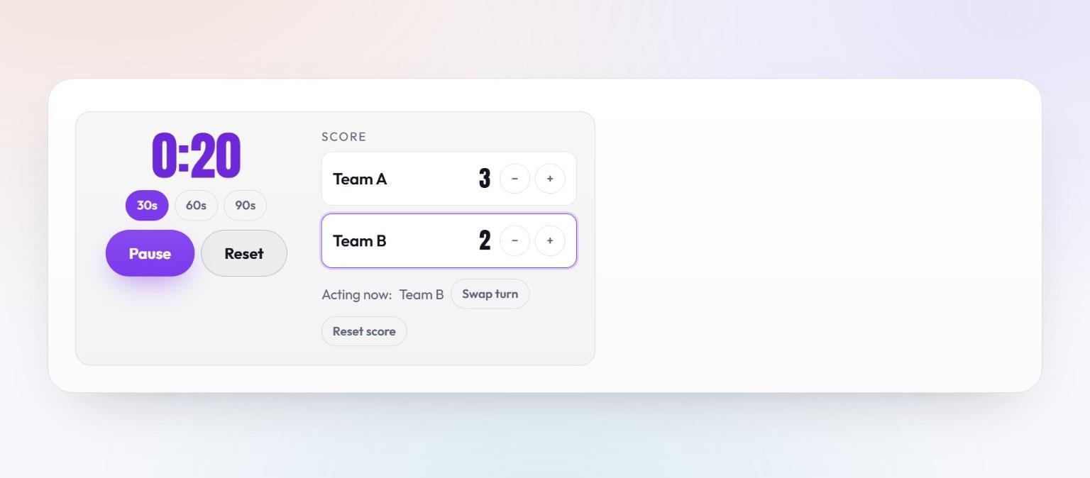 The charades timer and scoreboard mid game: a thirty second round counting down at twenty seconds in purple, Pause and Reset buttons, Team A on three points, Team B on two points and highlighted as the team acting now, plus Swap turn and Reset score controls