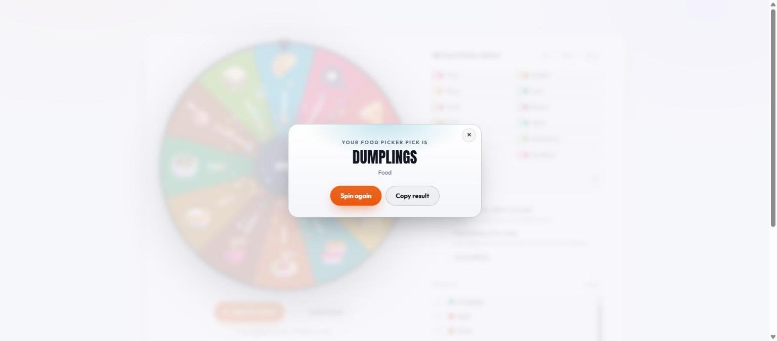 The random food picker result card reading Your Food Picker pick is Dumplings, with Spin again and Copy result buttons, shown over the dimmed wheel