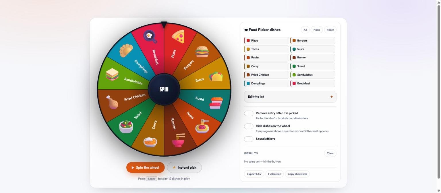 Random food picker wheel showing twelve coloured segments with food emoji for pizza, burgers, tacos, sushi, pasta, ramen, curry, salad, fried chicken, sandwiches, dumplings and breakfast, with the dish list and controls beside it